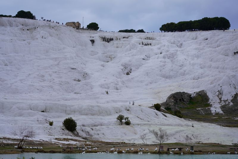 Pamukkale'nin beyaz traverten yamaçları.